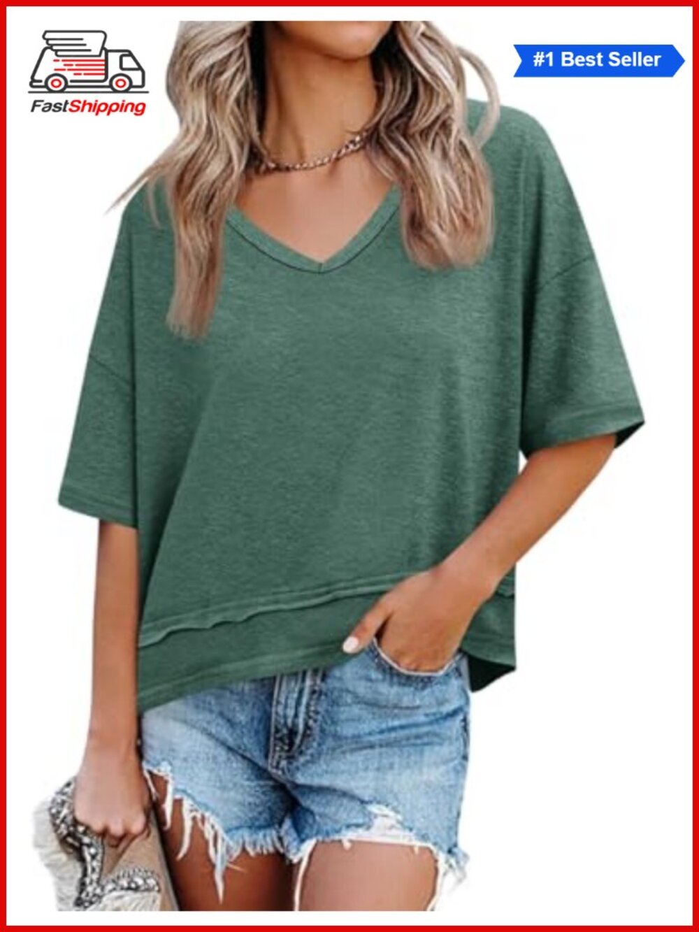 Womens V Neck Short Sleeve Tunic T-Shirt Loose Fit Casual Top